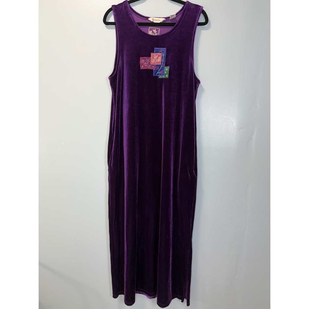 Vintage Bechamel Purple Velour Sleeveless Maxi Dress Patchwork‎ Floral Small